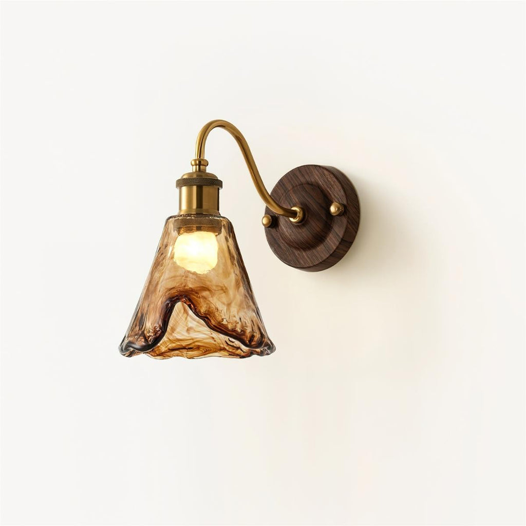 Wall Lamp Amber Glass Shade Walnut Gold Vintage Modern Sconce