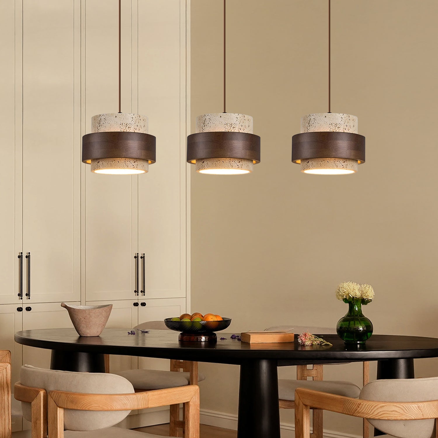 Orvina Travertine Cylinder Pendant - Japandi Stone Kitchen Island
