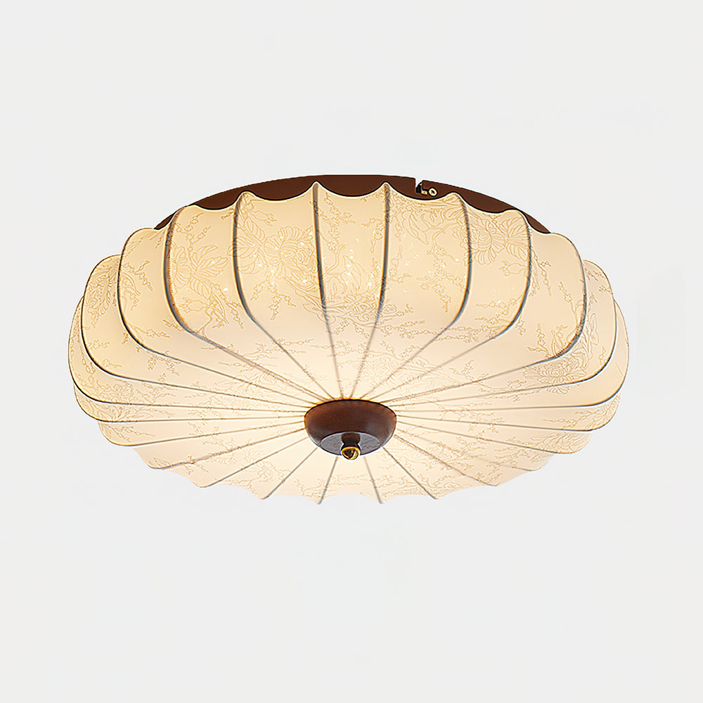 Fabric Ceiling Light Pleated Shade Lotus Wood Canopy