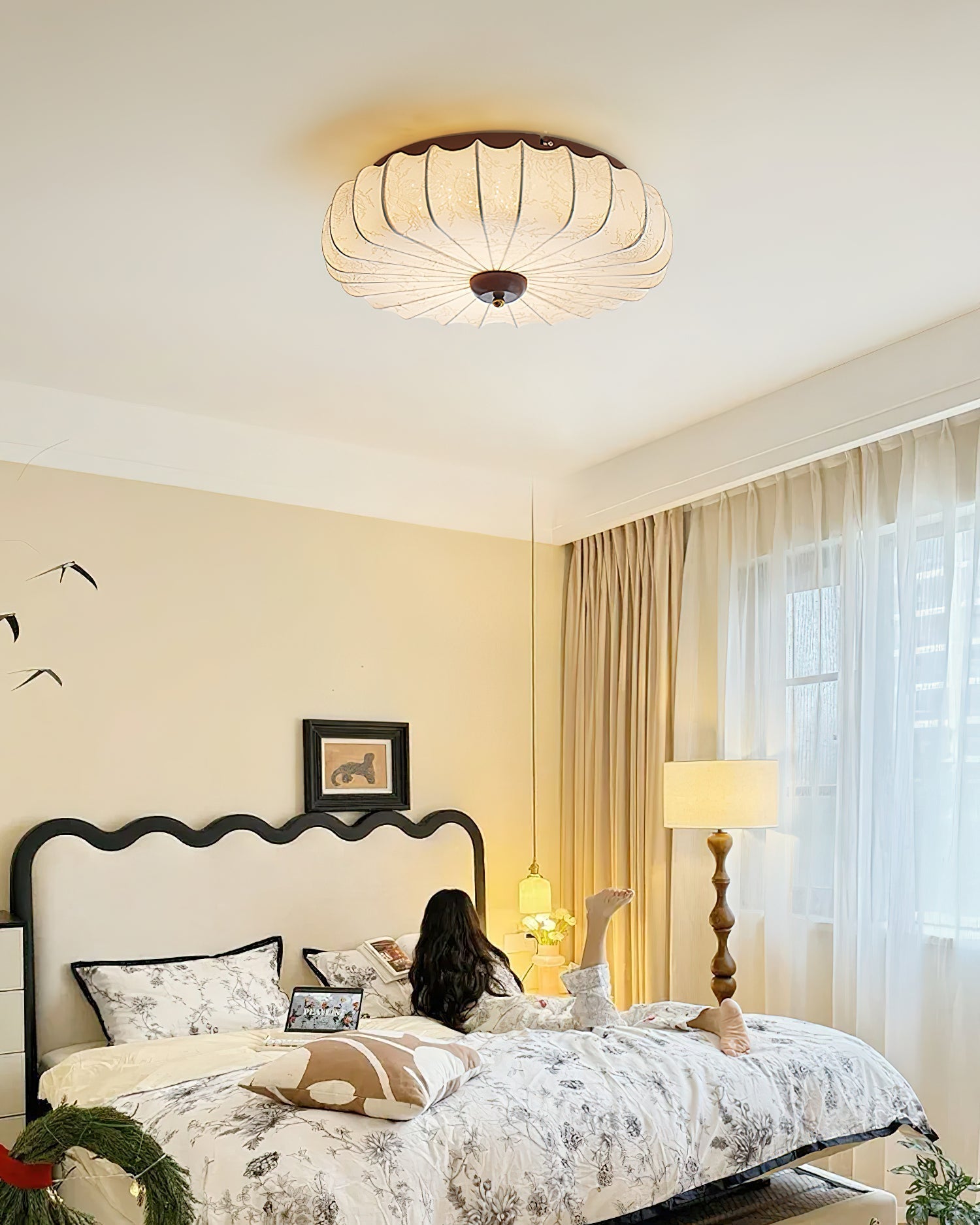 Fabric Ceiling Light Pleated Shade Lotus Wood Canopy