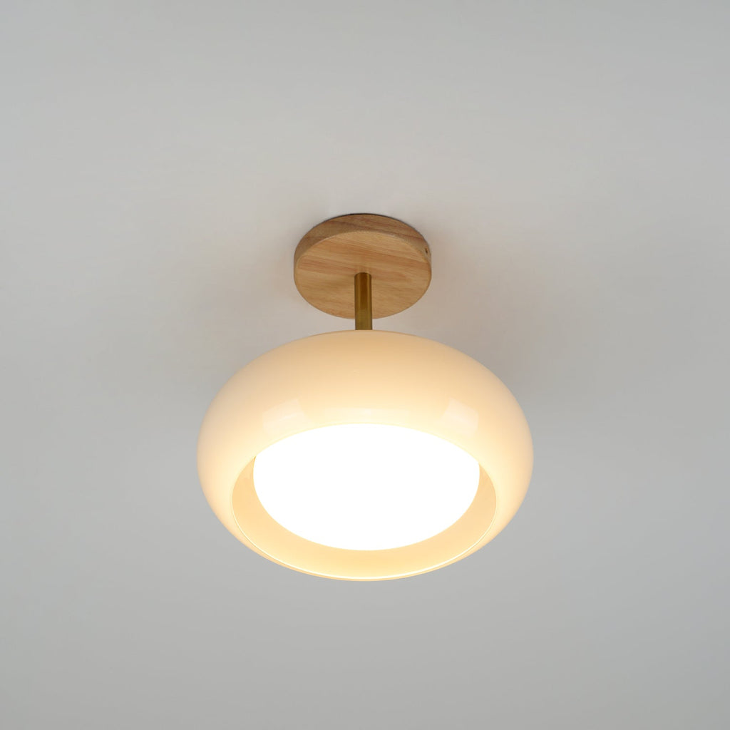 Nordic Wooden Dome Glass LED Semi-Flush Mount Ceiling Light 1-Light