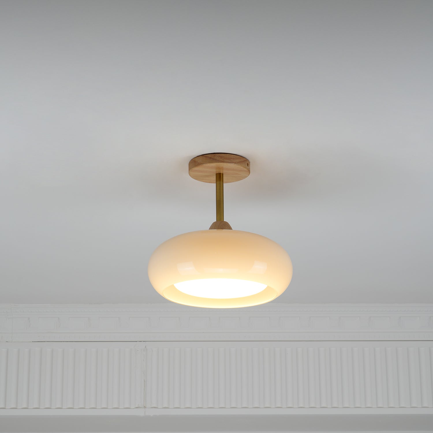 Nordic Wooden Dome Glass LED Semi-Flush Mount Ceiling Light 1-Light
