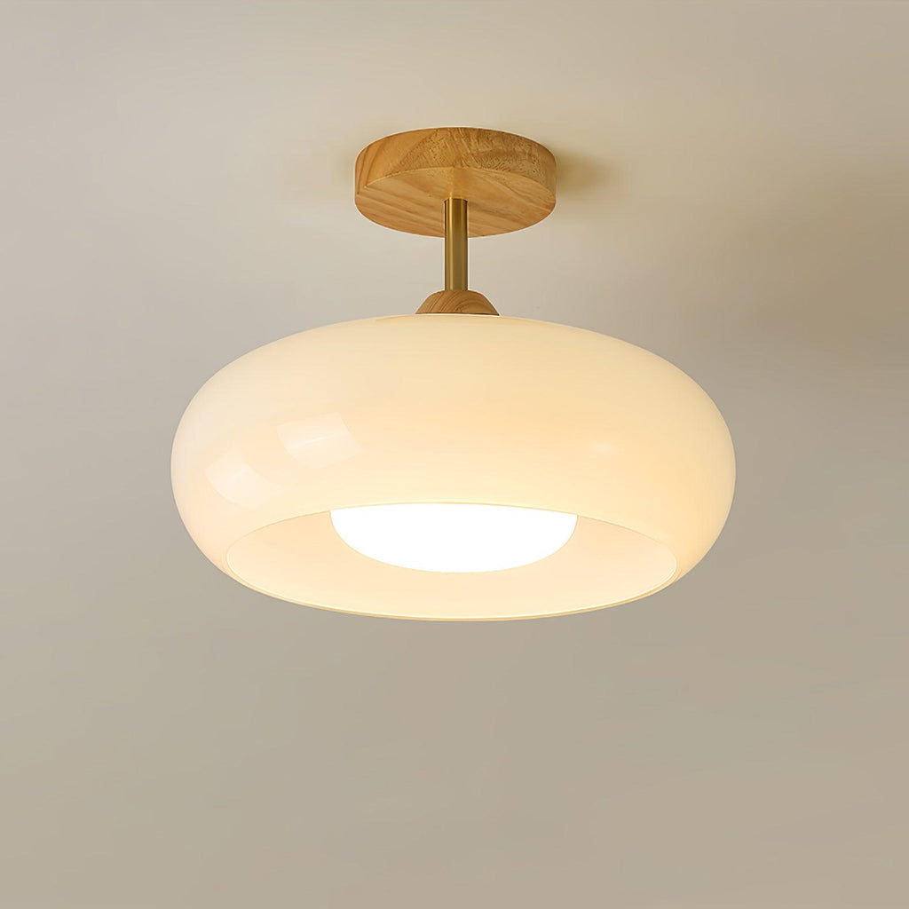 Nordic Wooden Dome Glass LED Semi-Flush Mount Ceiling Light 1-Light