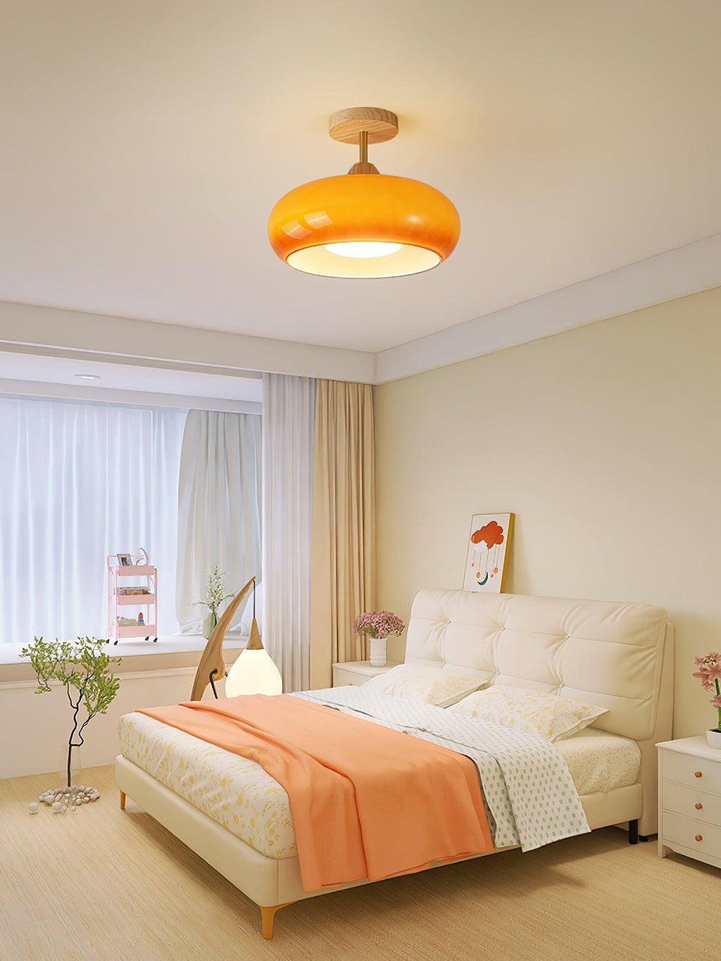Nordic Wooden Dome Glass LED Semi-Flush Mount Ceiling Light 1-Light