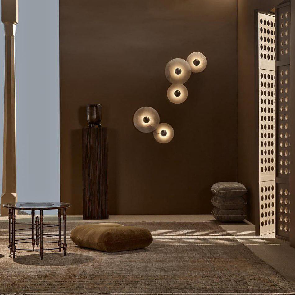 Round Wall Lamp Alabaster Fluted Brass