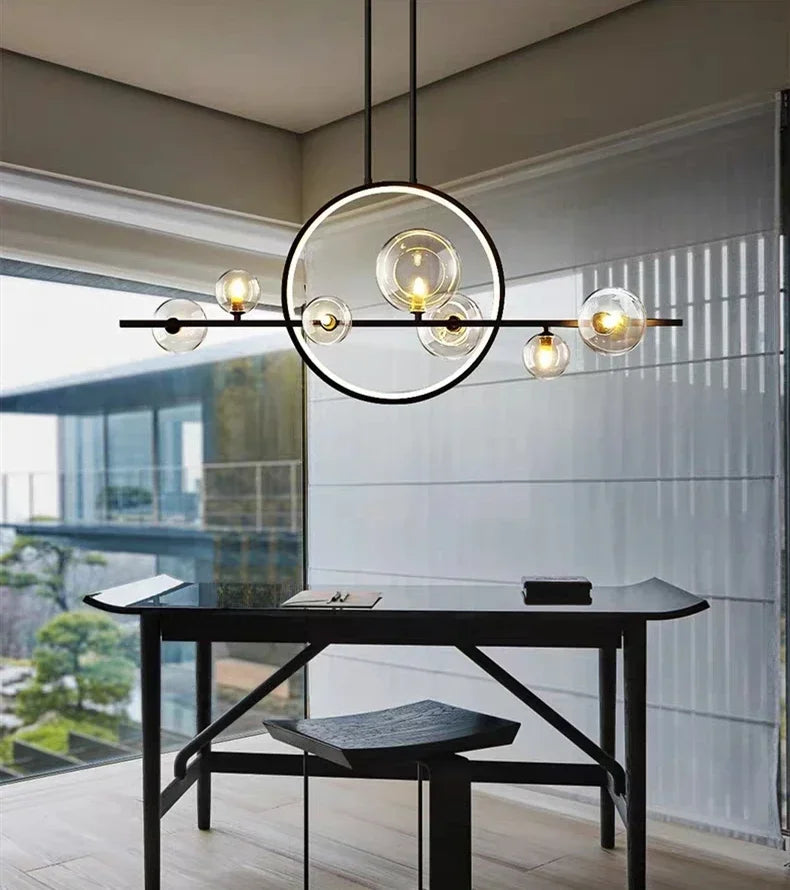 Modern ceiling lamp with spherical shades and a geometric LED ring
