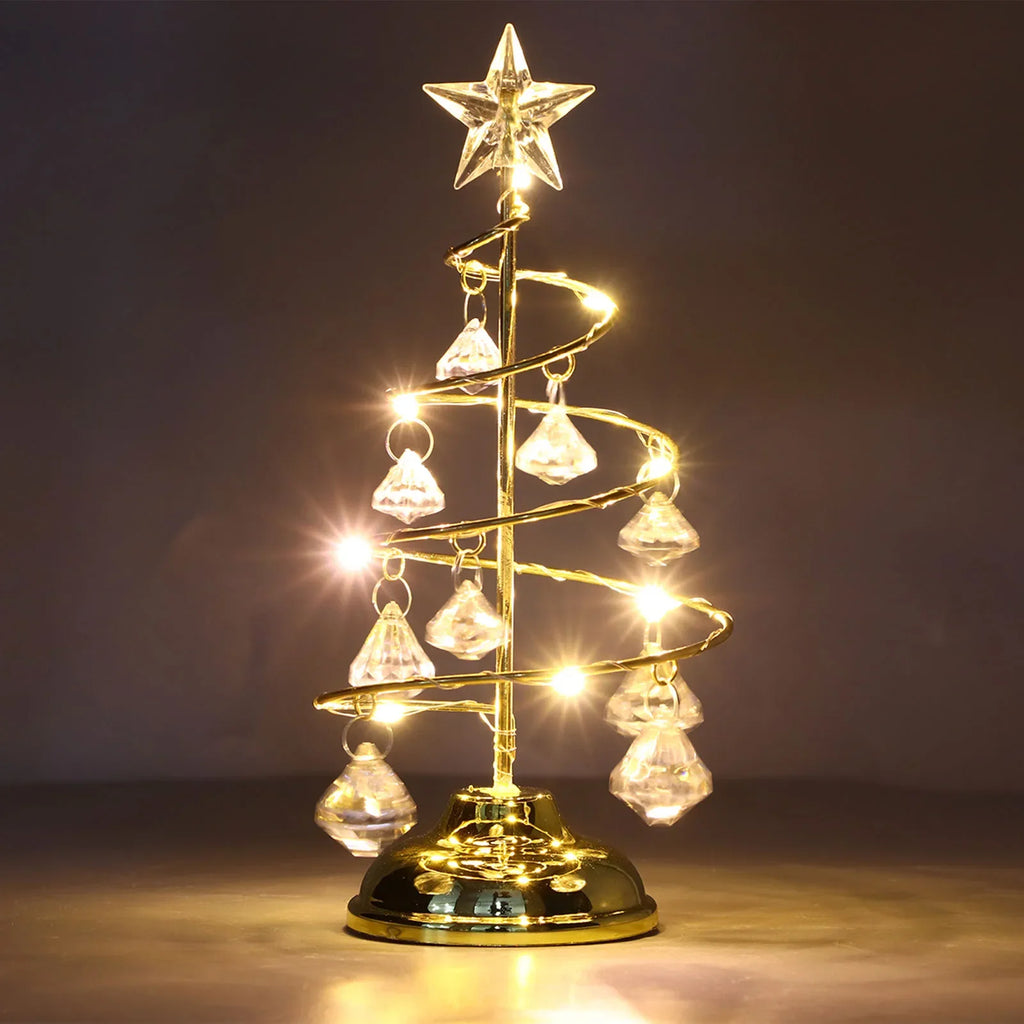 Decorative LED Christmas Tree on a Gold Base – Holiday Ornament with Spiral Wire and Crystals