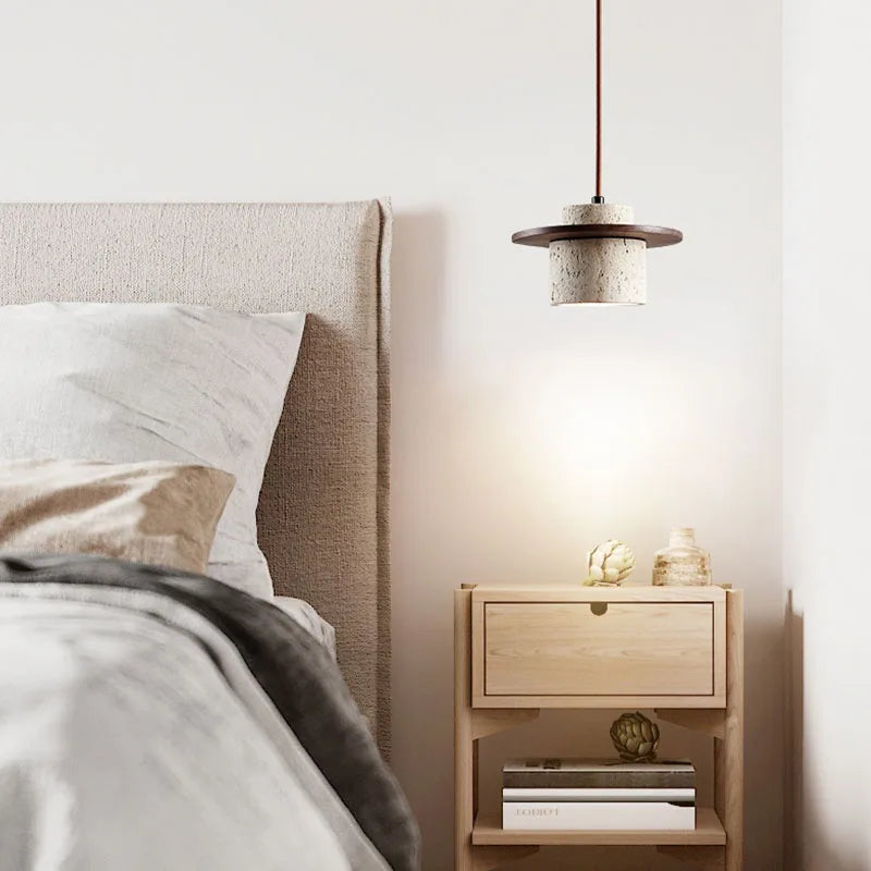 Modern Hanging Lamp Made of Stone and Wood
