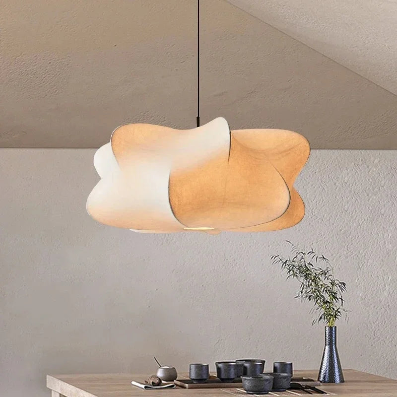 Ceiling lamp with silk shade in Japanese wabi-sabi style