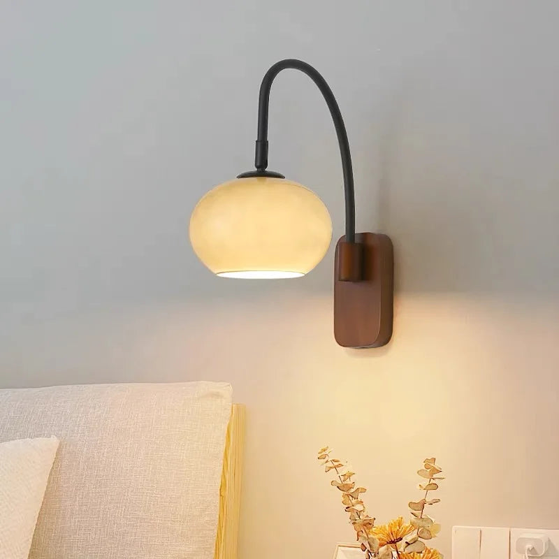 Modern Wall Sconce with Glass Shade and Wooden Base – Bedroom, Living Room, Reading Nook