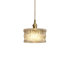 Vintage pendant lamp with ribbed glass shade and gold finish