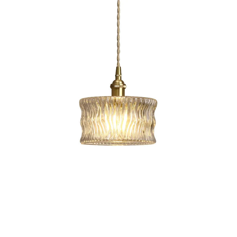 Vintage pendant lamp with ribbed glass shade and gold finish