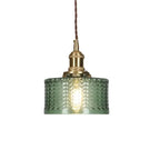 Vintage pendant lamp with ribbed glass shade and gold finish