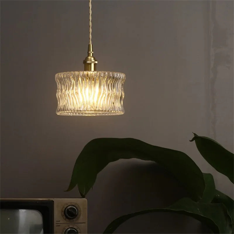 Vintage pendant lamp with ribbed glass shade and gold finish