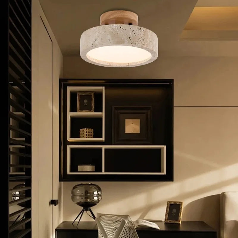 Ceiling lamp made of stone and wood in a minimalist style