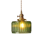Vintage pendant lamp with ribbed glass shade and gold finish