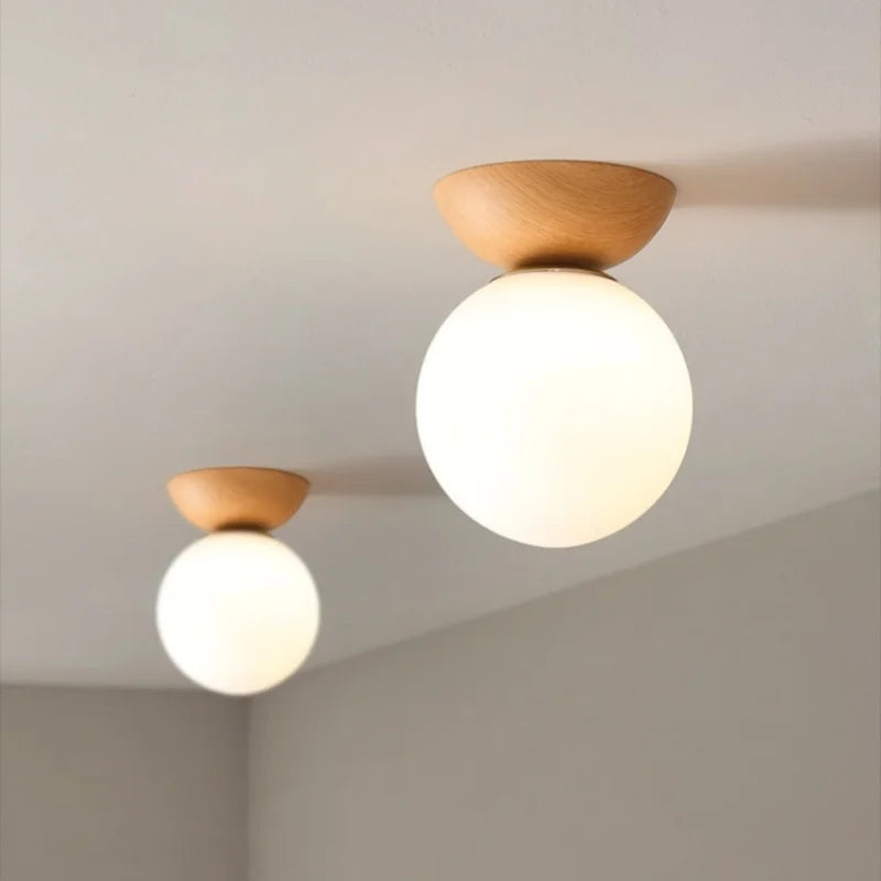 Modern ceiling lamp in Japanese style with a wooden base – minimalist sphere