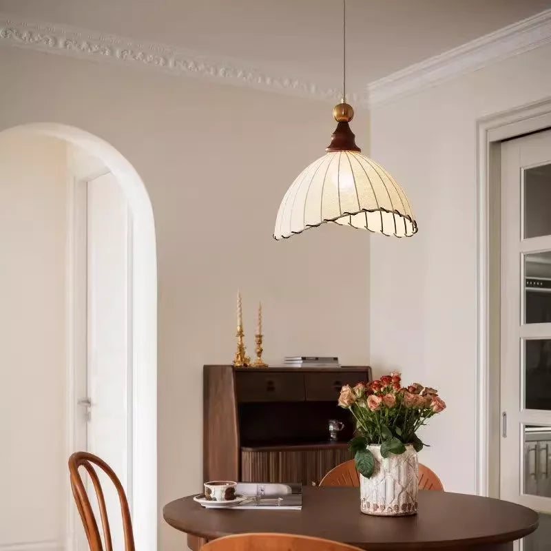 Retro Hanging Lamp with Silk Shade and Wooden Finish