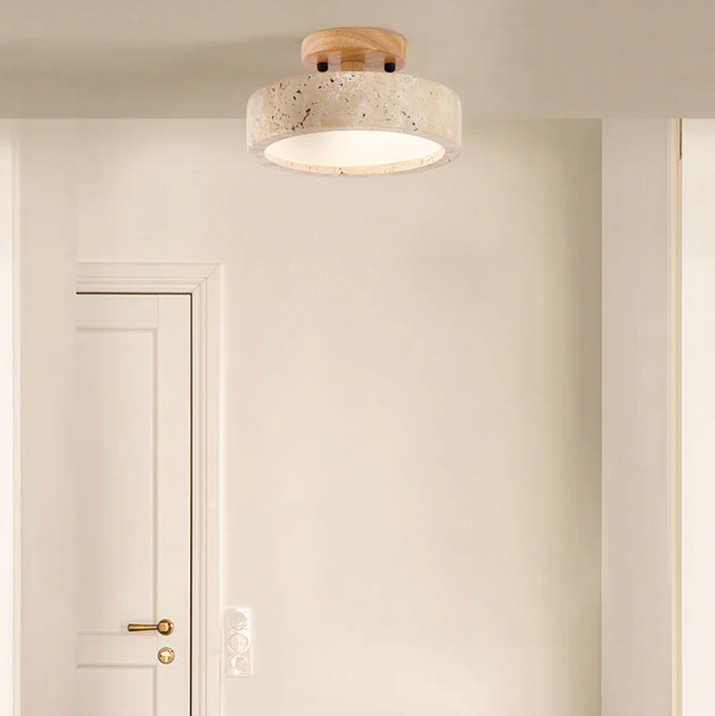 Ceiling lamp made of stone and wood in a minimalist style