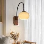 Modern Wall Sconce with Glass Shade and Wooden Base – Bedroom, Living Room, Reading Nook