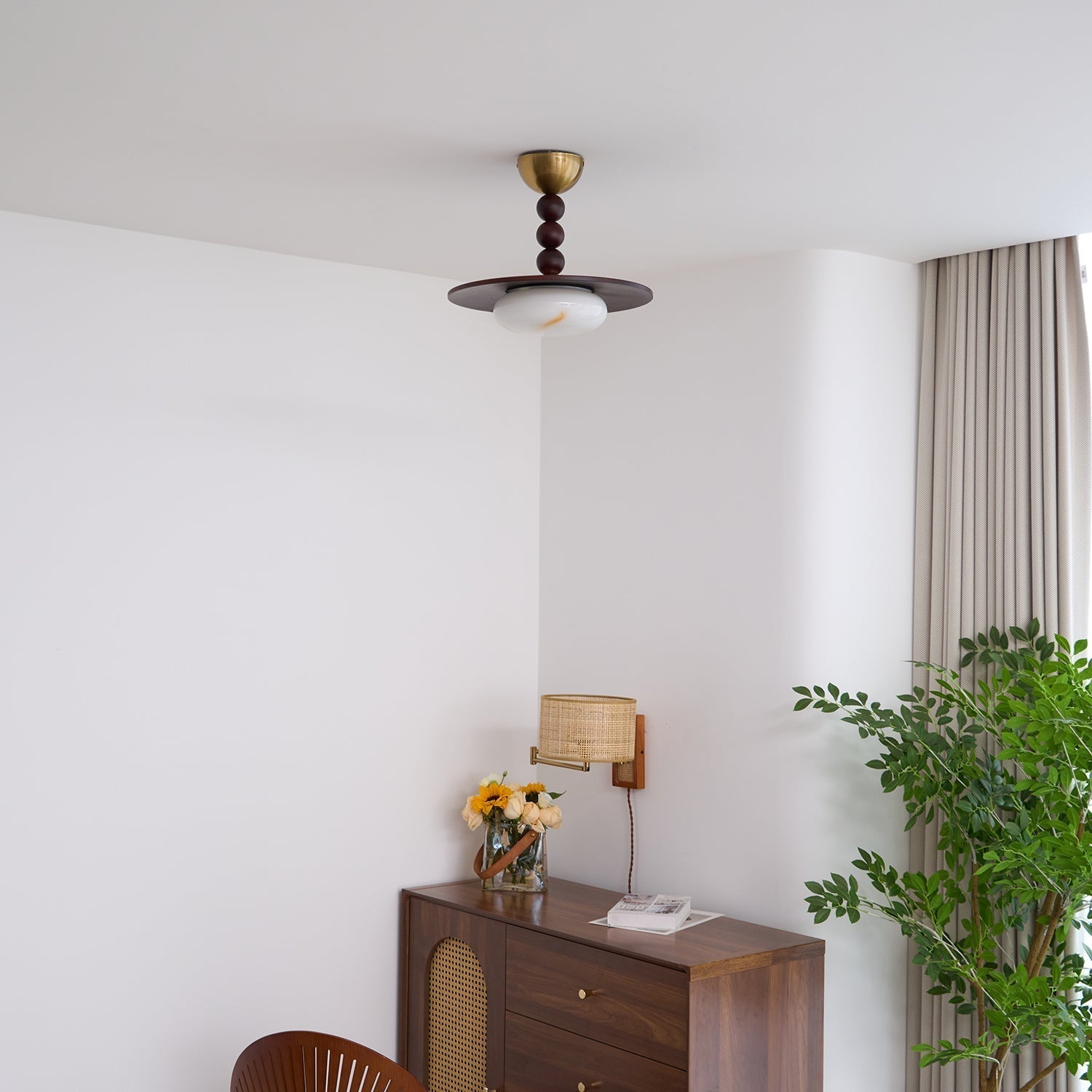 Yeste Ceiling Light in Walnut Color and White Alabaster Imitation