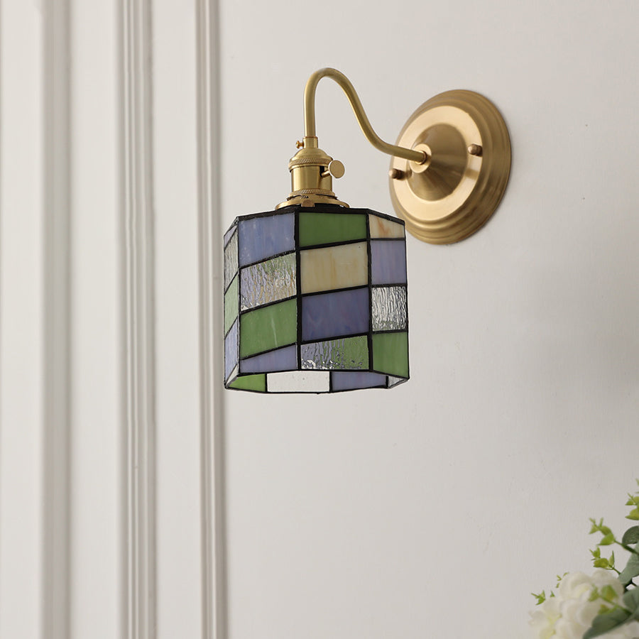 Vintage Tiffany Glass Brass Wall Sconce Lamp 1-Light