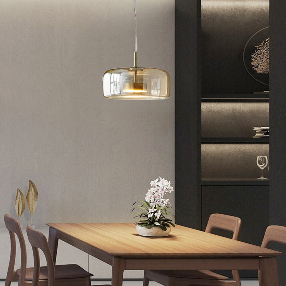 June Modern Cylinder Pendant Light. Clear/Smoky Gray/Amber