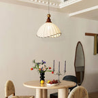 Retro Hanging Lamp with Silk Shade and Wooden Finish
