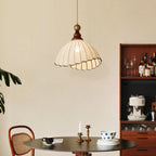 Retro Hanging Lamp with Silk Shade and Wooden Finish