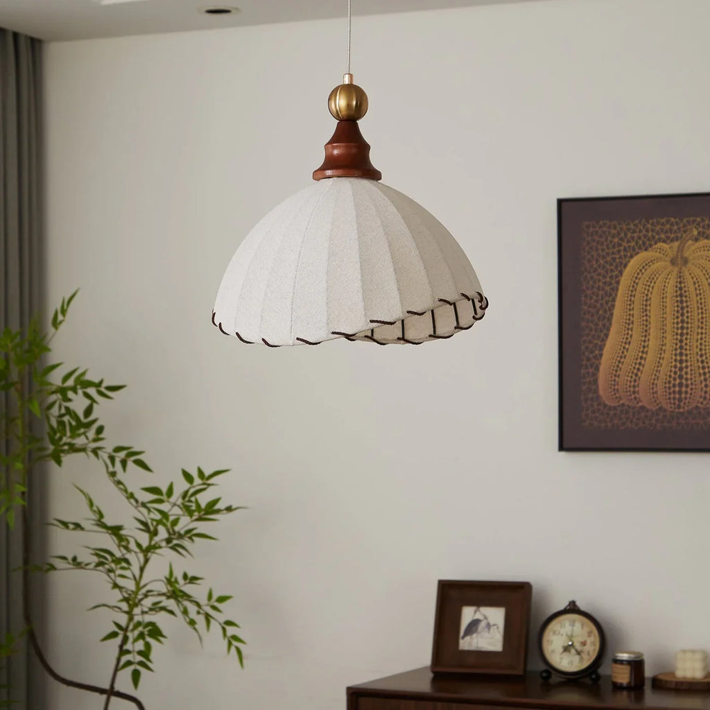 Retro Hanging Lamp with Silk Shade and Wooden Finish