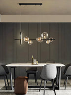 Modern Linear Chandelier – Glass Spheres and Light Ring on Black Frame
