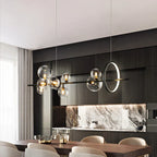 Modern Linear Chandelier – Glass Spheres and Light Ring on Black Frame