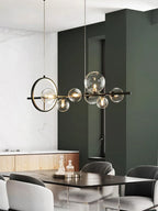 Modern Linear Chandelier – Glass Spheres and Light Ring on Black Frame