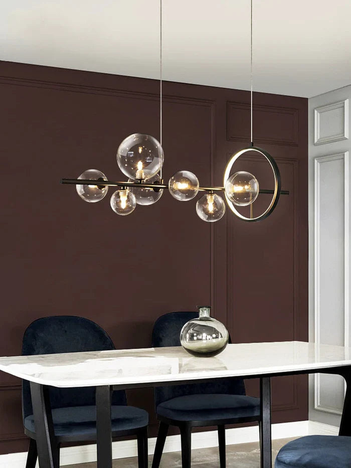 Modern Linear Chandelier – Glass Spheres and Light Ring on Black Frame