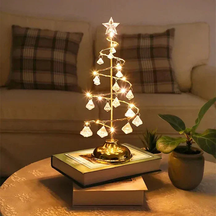 Decorative LED Christmas Tree on a Gold Base – Holiday Ornament with Spiral Wire and Crystals