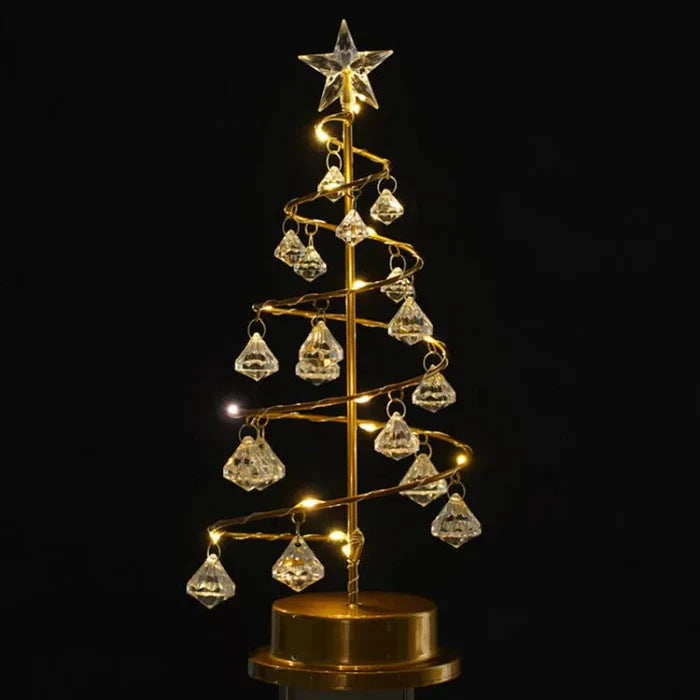 Decorative LED Christmas Tree on a Gold Base – Holiday Ornament with Spiral Wire and Crystals