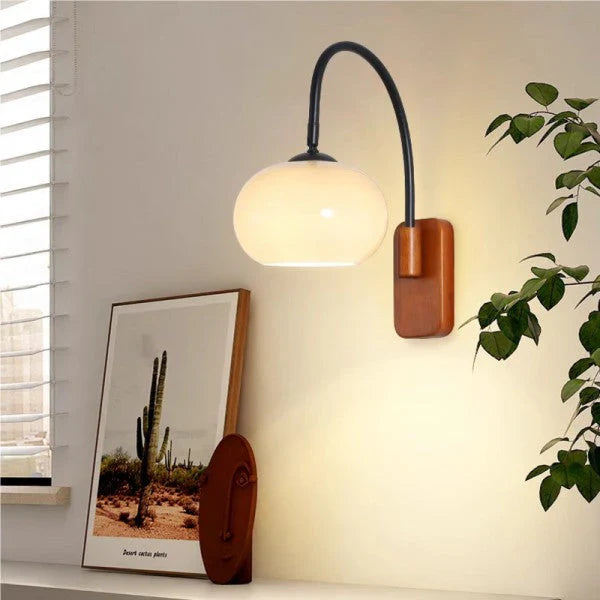 Modern Wall Sconce with Glass Shade and Wooden Base – Bedroom, Living Room, Reading Nook