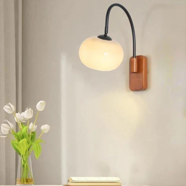 Modern Wall Sconce with Glass Shade and Wooden Base – Bedroom, Living Room, Reading Nook
