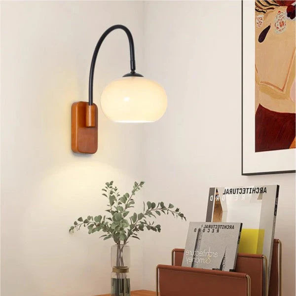 Modern Wall Sconce with Glass Shade and Wooden Base – Bedroom, Living Room, Reading Nook