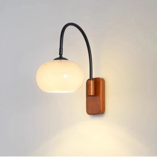 Modern Wall Sconce with Glass Shade and Wooden Base – Bedroom, Living Room, Reading Nook