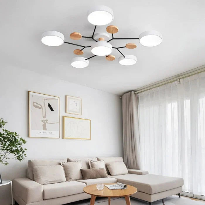 Modern LED Multi-Arm Ceiling Lamp – Minimalist Design with Wooden Accents
