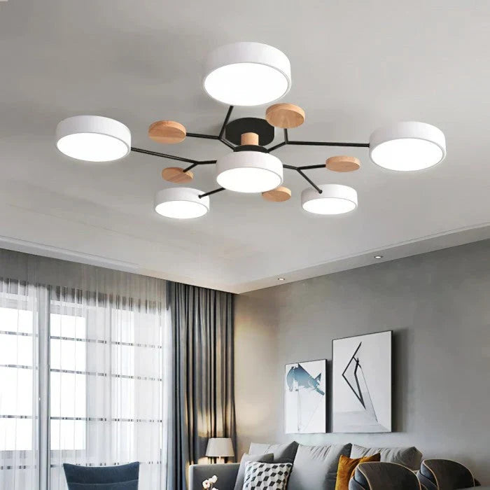Modern LED Multi-Arm Ceiling Lamp – Minimalist Design with Wooden Accents