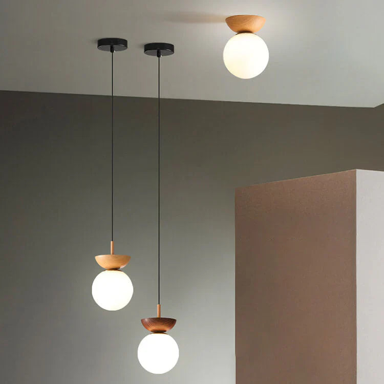 Modern ceiling lamp in Japanese style with a wooden base – minimalist sphere