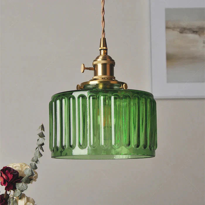 Vintage pendant lamp with ribbed glass shade and gold finish