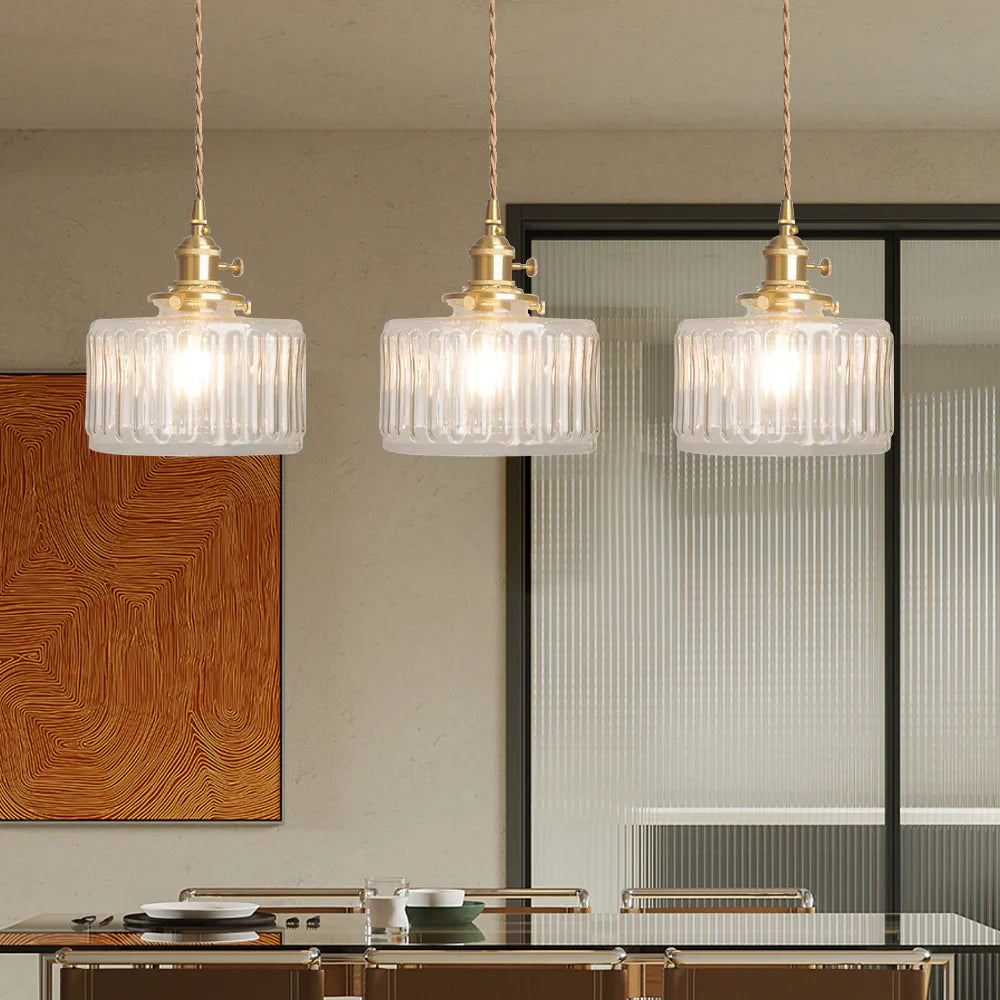 Vintage pendant lamp with ribbed glass shade and gold finish