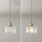 Vintage pendant lamp with ribbed glass shade and gold finish