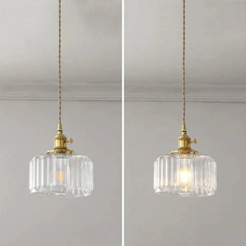 Vintage pendant lamp with ribbed glass shade and gold finish