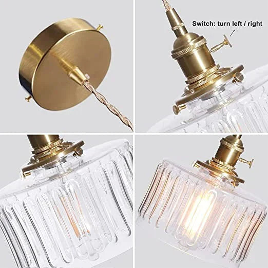 Vintage pendant lamp with ribbed glass shade and gold finish