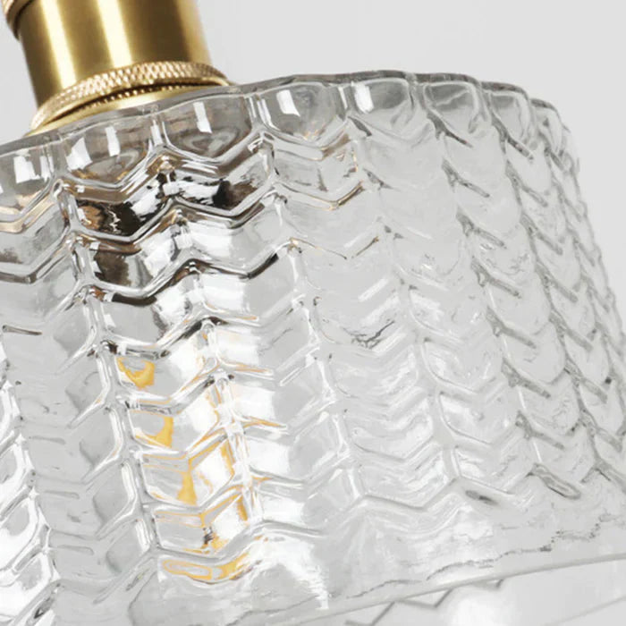 Vintage pendant lamp with ribbed glass shade and gold finish