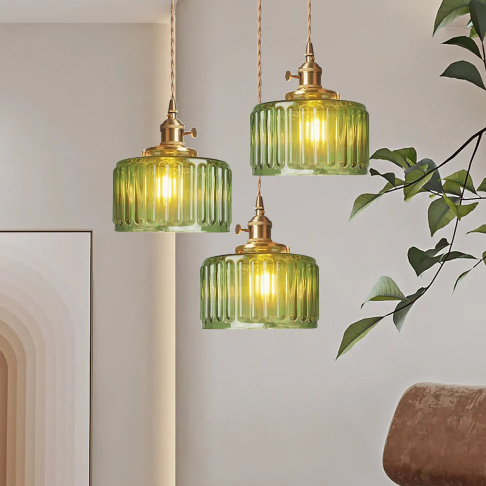 Vintage pendant lamp with ribbed glass shade and gold finish